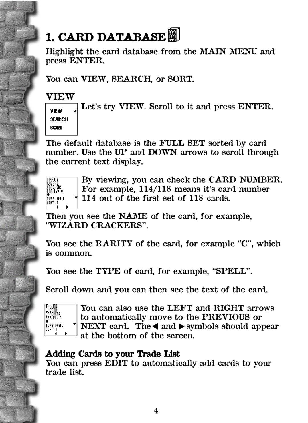 Tiger 36284 manual Card Database, View, Adding Cards to your Trade List 