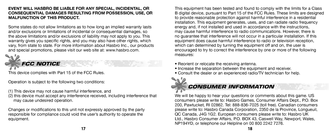 Tiger 42792 manual FCC Notice, Consumer Information 