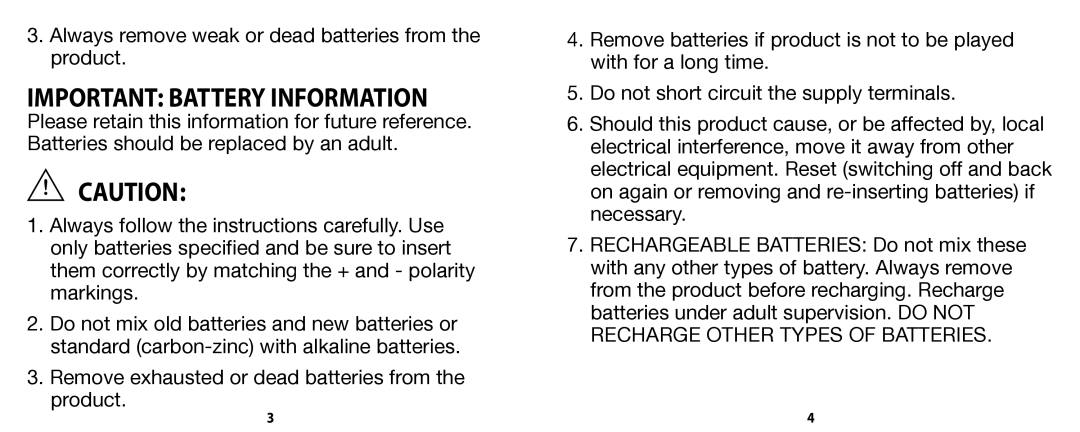 Tiger 42792 manual Important Battery Information 