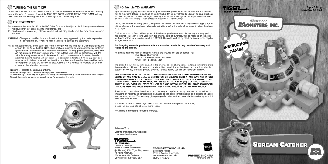 Tiger 59854 instruction manual Turning the Unit OFF, FCC Statement, DAY Limited Warranty 