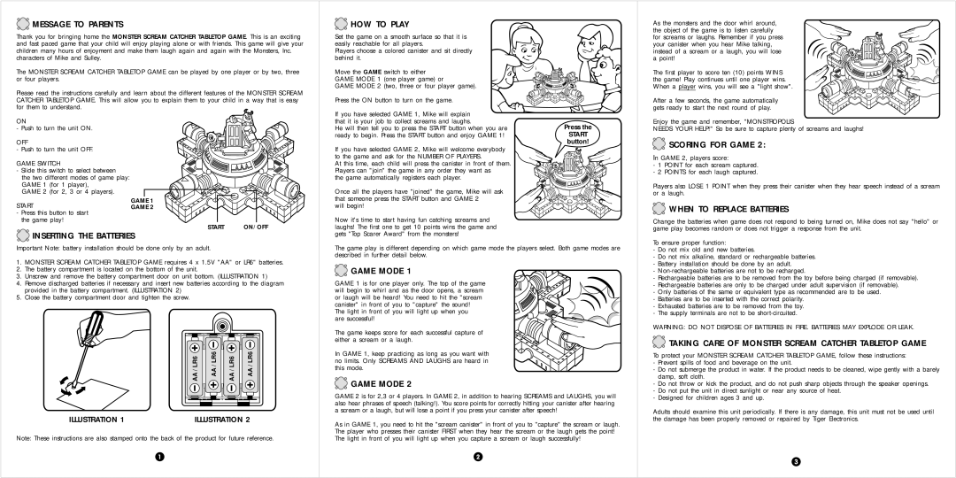 Tiger 59854 Message to Parents, HOW to Play, Inserting the Batteries, Scoring for Game, When to Replace Batteries 