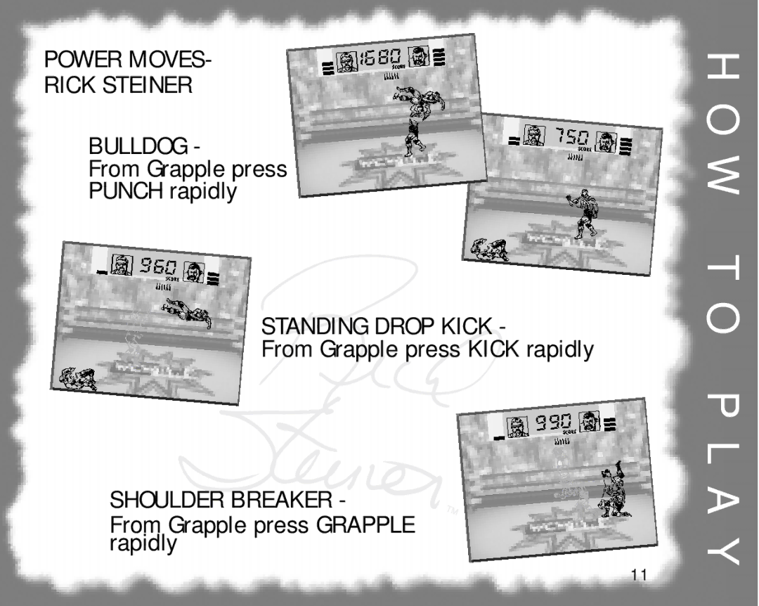 Tiger 60-053 manual Power Moves Rick Steiner Bulldog, Standing Drop Kick, Shoulder Breaker 