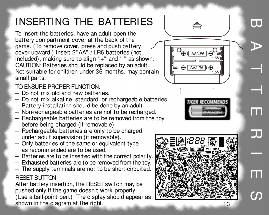 Tiger 60-053 manual T T E R I E S, Inserting the Batteries 