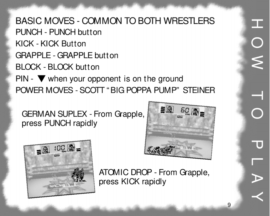 Tiger 60-053 manual Basic Moves Common to Both Wrestlers, Power Moves Scott BIG Poppa Pump Steiner 