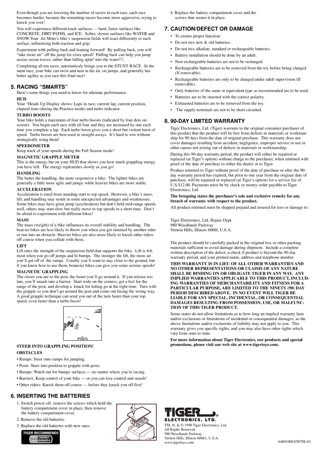 Tiger 64-001 manual Racing Smarts, DAY Limited Warranty, Inserting the Batteries 