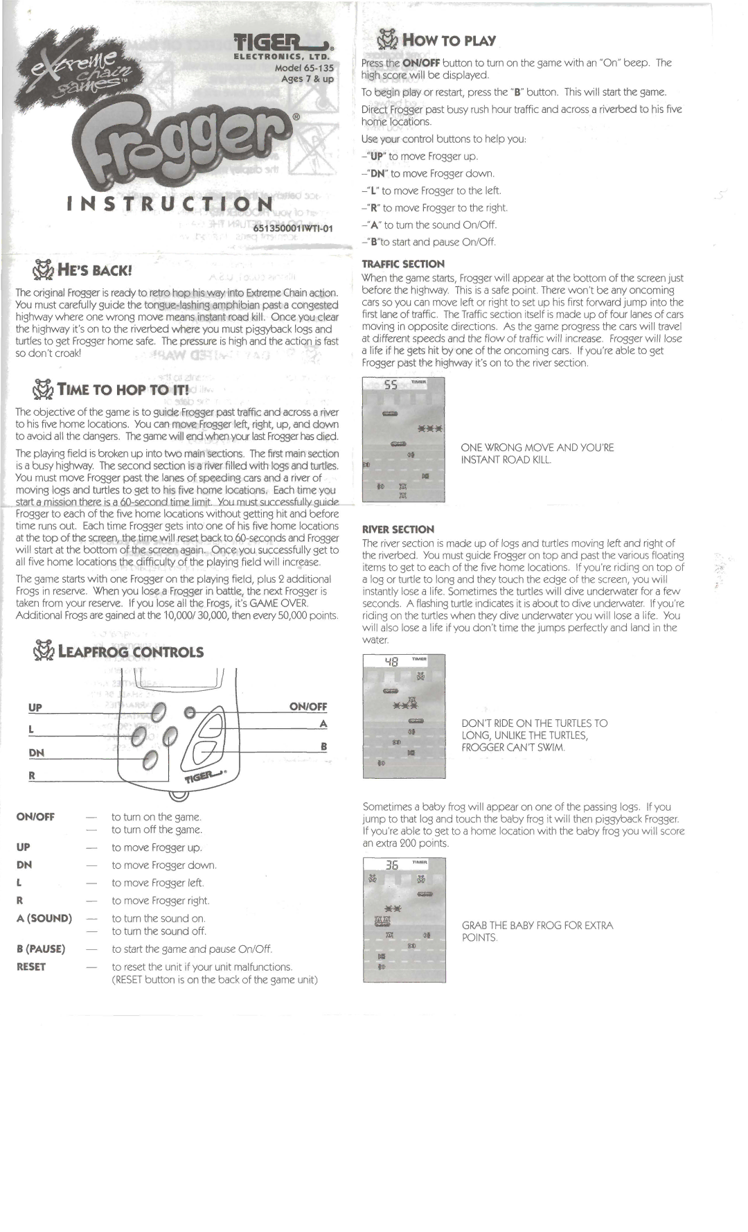 Tiger 65-135 manual Frww dvm, To rnFro~tgerto the left, To move Froggerto theright, To turn the wnd OnlCXf, Water 