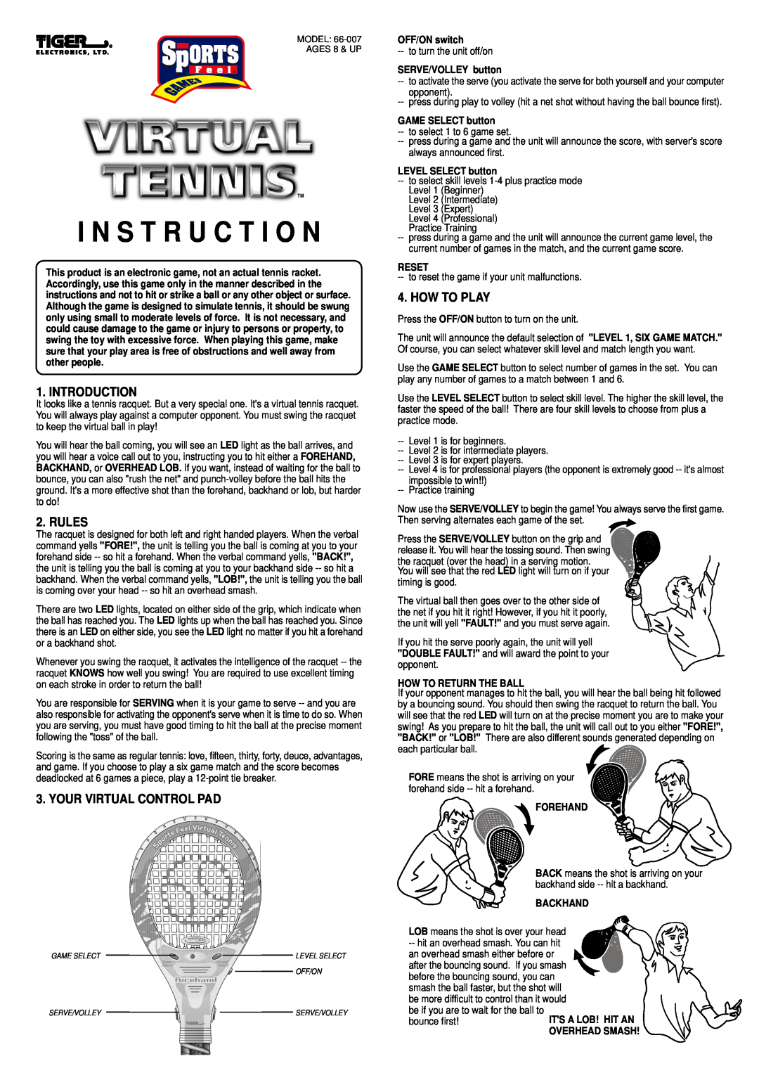 Tiger 66-007 manual Introduction, Rules, Your Virtual Control Pad, How To Play, OFF/ON switch, SERVE/VOLLEY button, Reset 