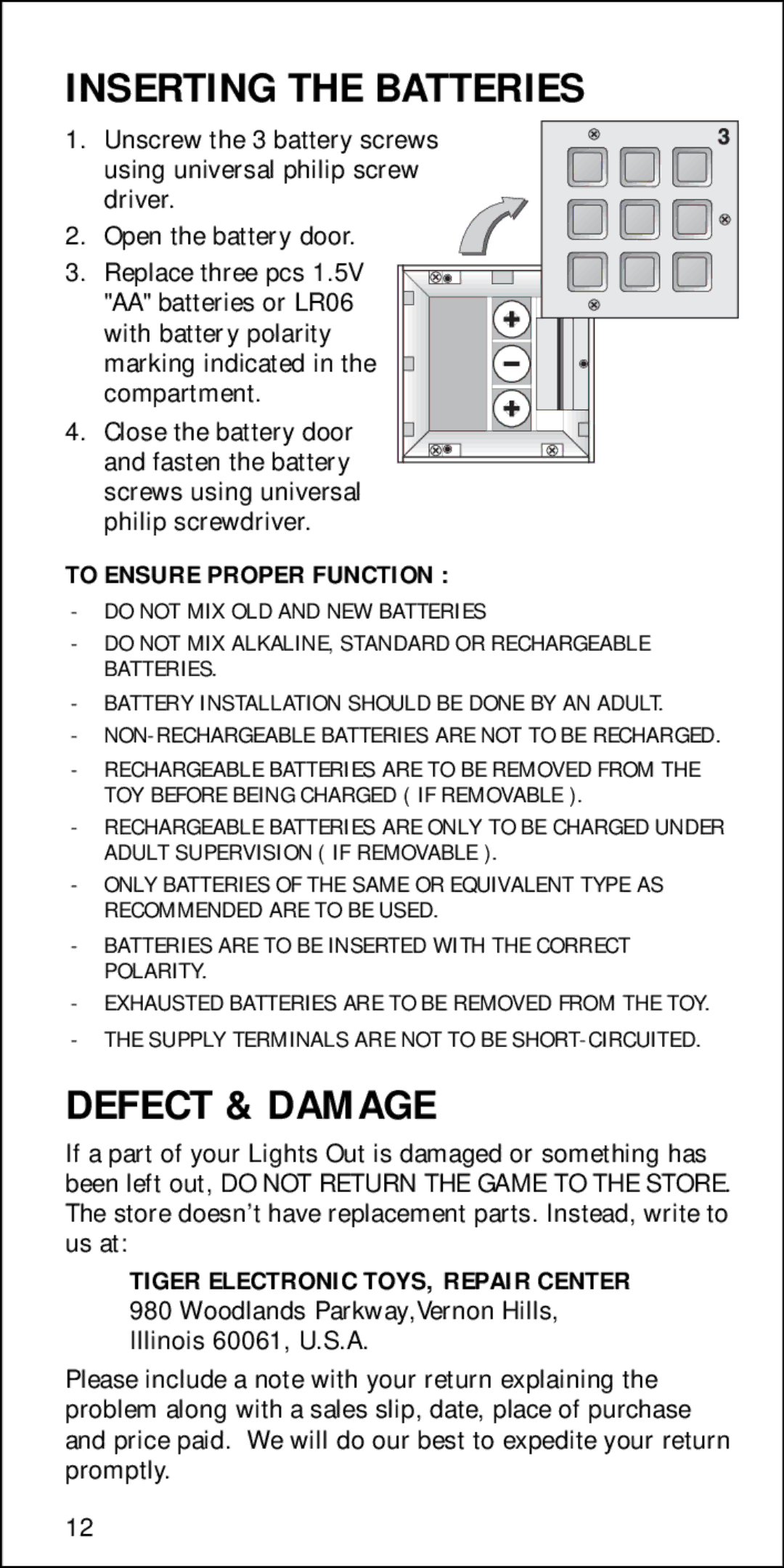 Tiger 7-592 quick start Inserting the Batteries, Defect & Damage 