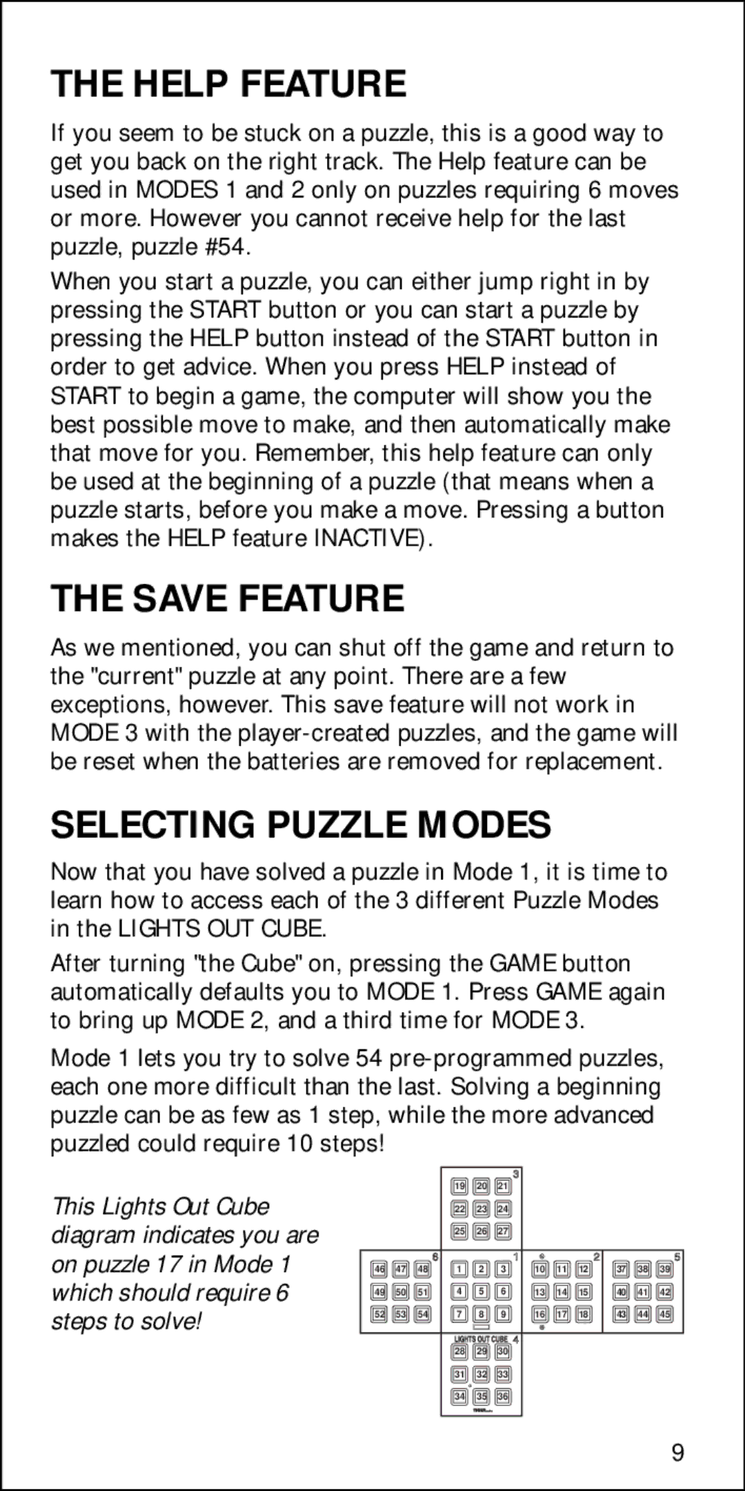 Tiger 7-592 quick start Help Feature, Save Feature, Selecting Puzzle Modes 