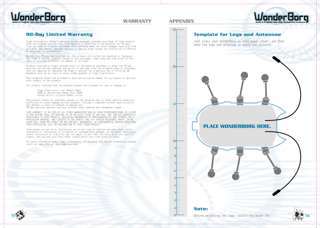 Tiger 70709 manual Appendix, Day Limited Warranty, Template for Legs and Antennae 