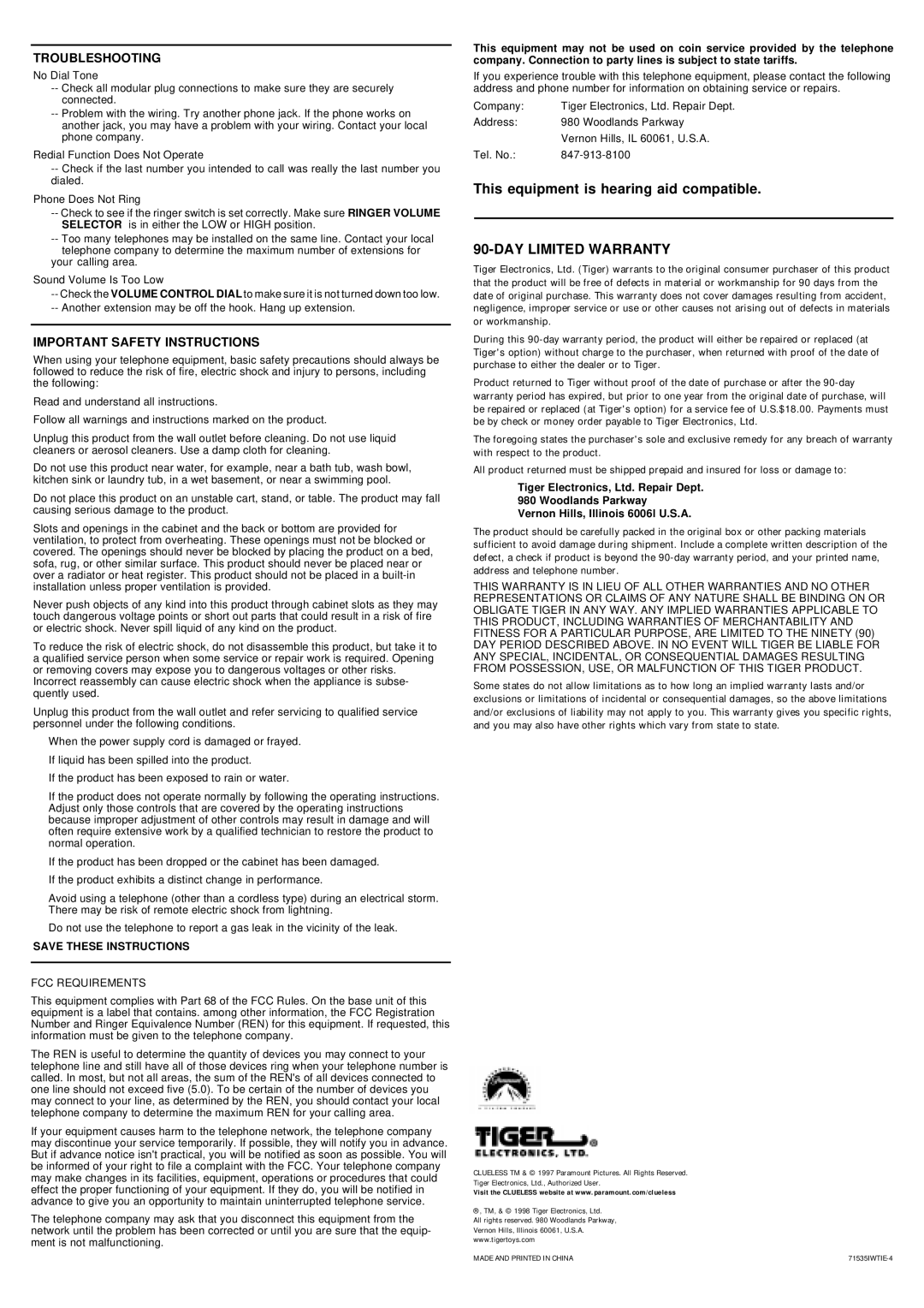 Tiger 71-535 instruction manual Troubleshooting, Important Safety Instructions 