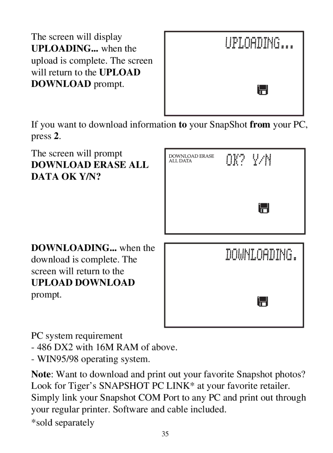 Tiger 71-555 warranty Download Erase ALL Data OK Y/N?, Upload Download 