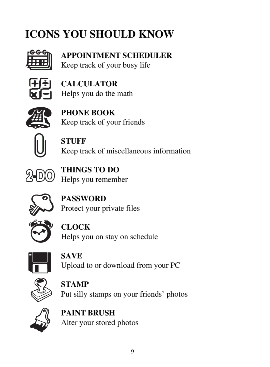 Tiger 71-555 Appointment Scheduler, Calculator, Phone Book, Stuff, Things to do, Password, Clock, Save, Stamp, Paint Brush 