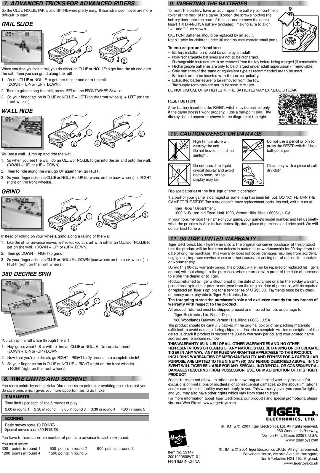 Tiger 71-612 manual Advanced Tricks for Advanced Riders, Rail Slide, Wall Ride, Grind, Degree Spin, Time Limits and Scoring 