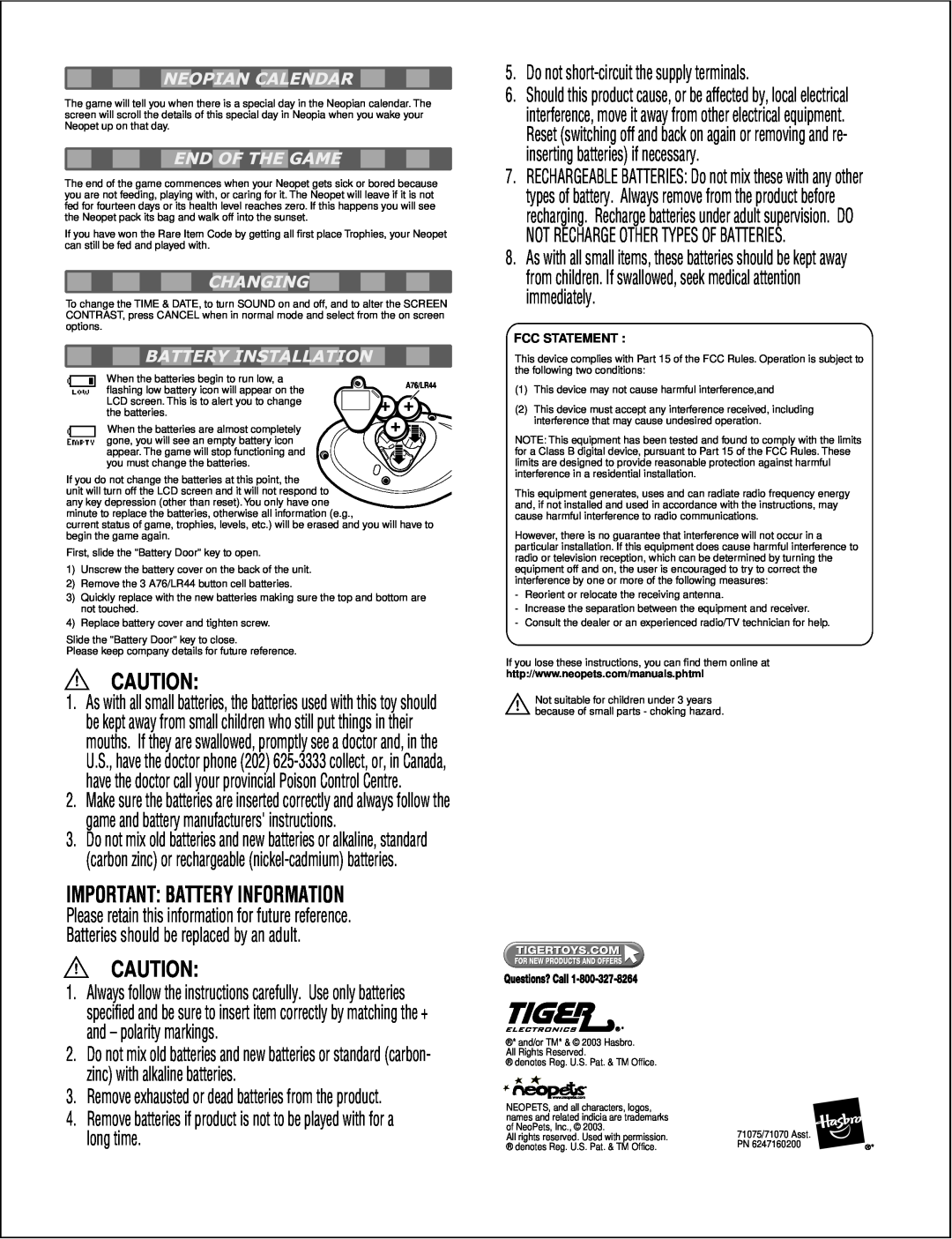 Tiger 71070 Asst Batteryinstallation, Important Battery Information, Please retain this information for future reference 