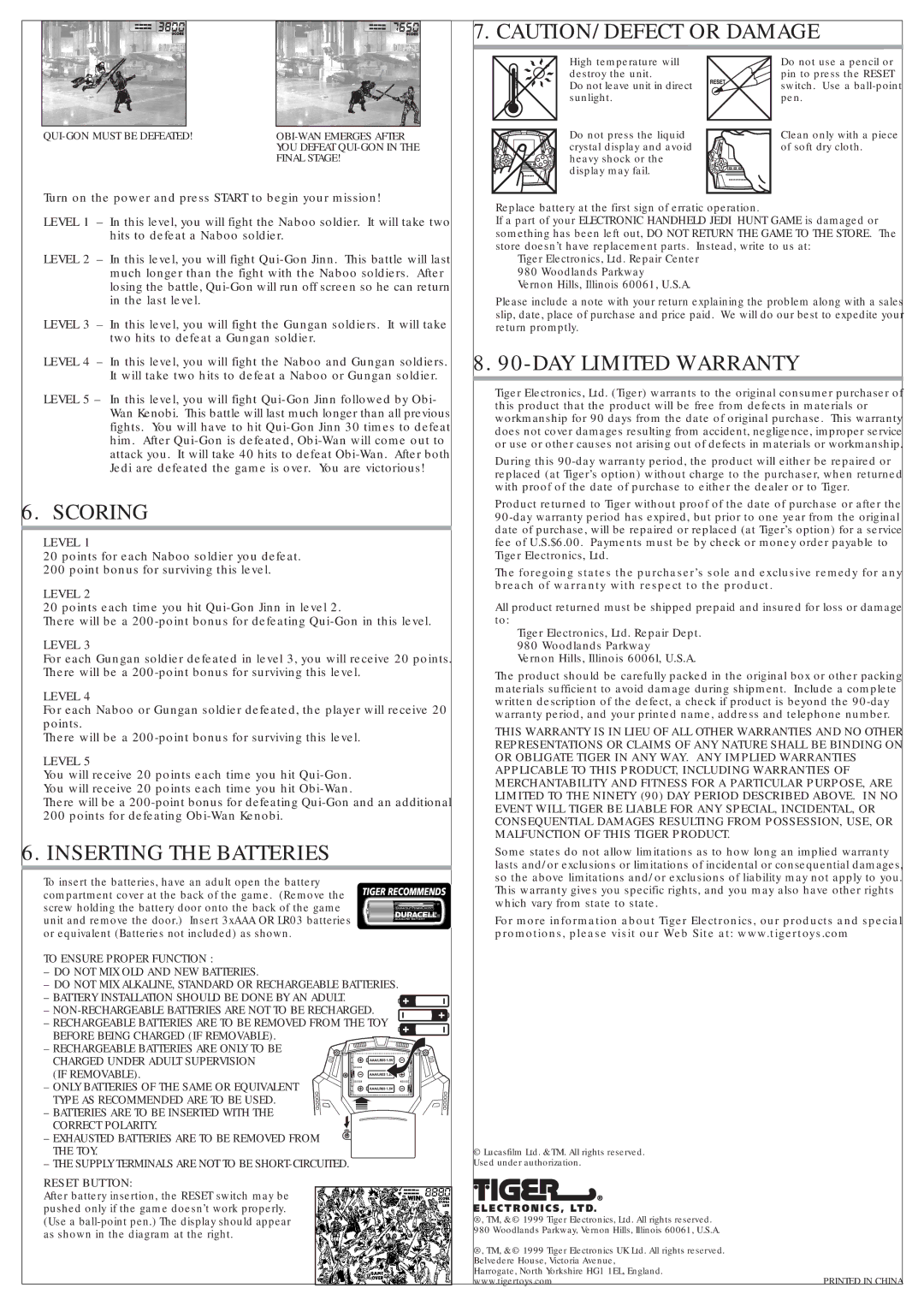 Tiger 88-002 manual Scoring, Inserting the Batteries, DAY Limited Warranty 