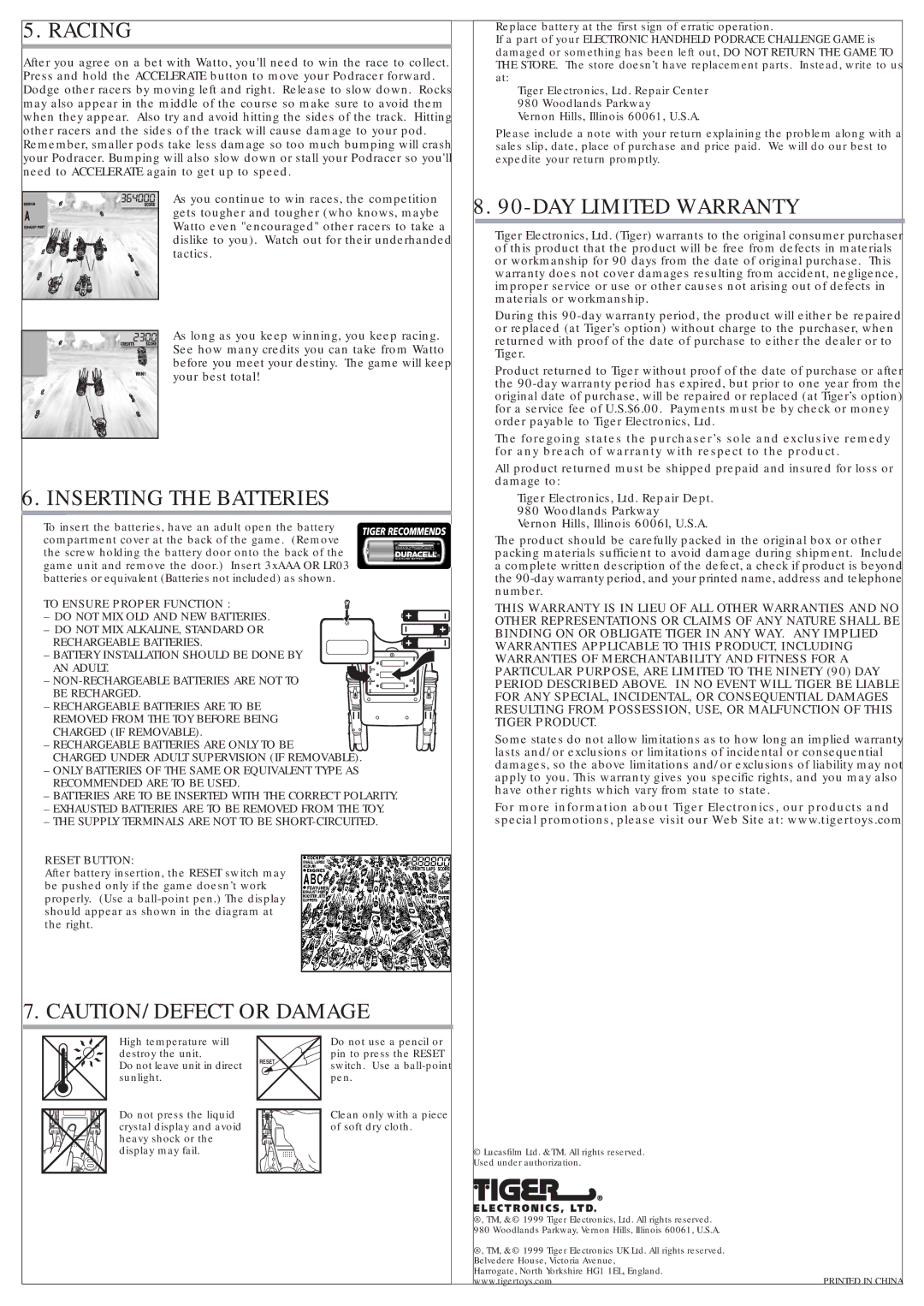 Tiger 88-008 manual Racing, Inserting the Batteries, DAY Limited Warranty, To Ensure Proper Function, Reset Button 