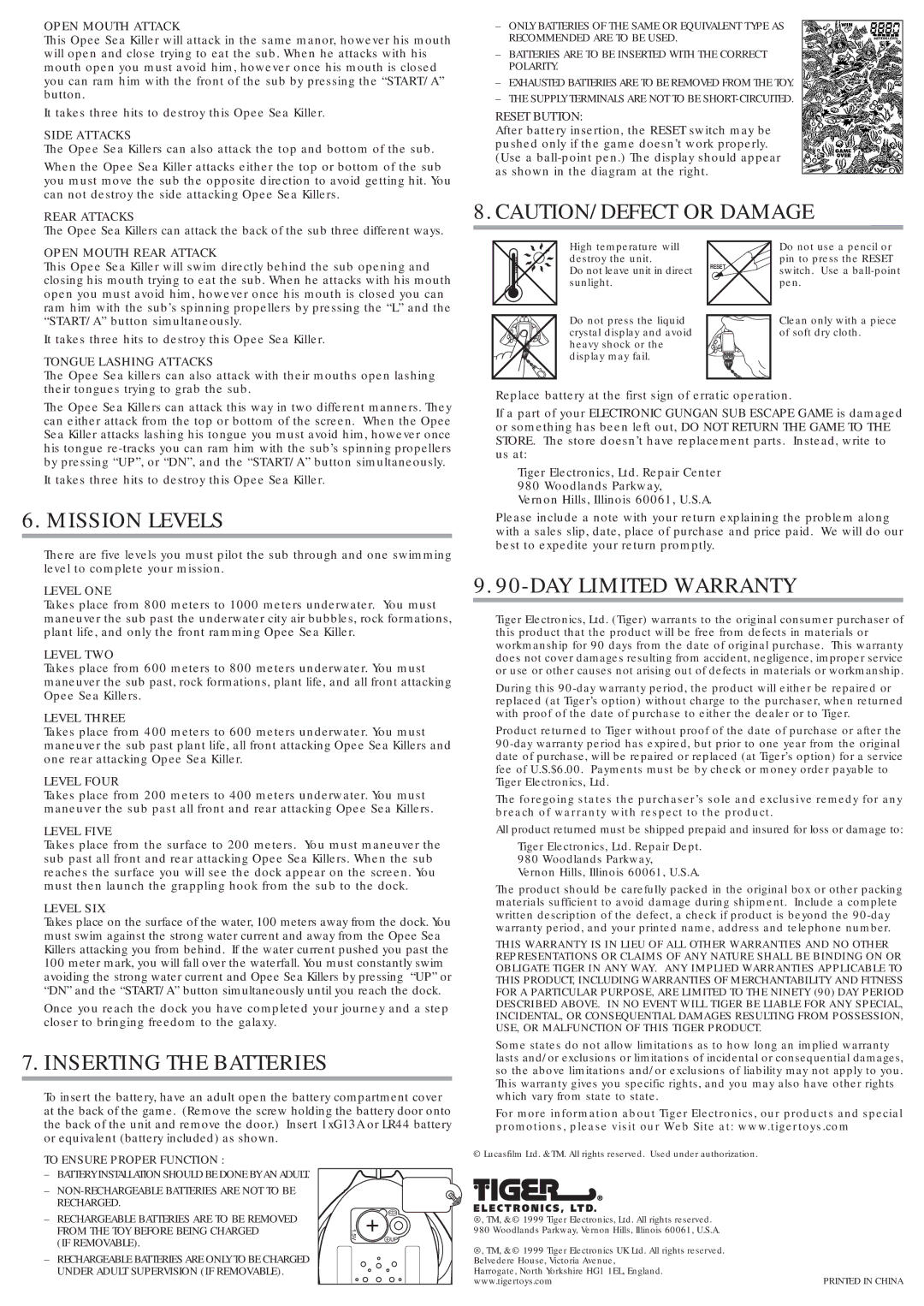 Tiger 88-034 manual Mission Levels, Inserting the Batteries, DAY Limited Warranty 