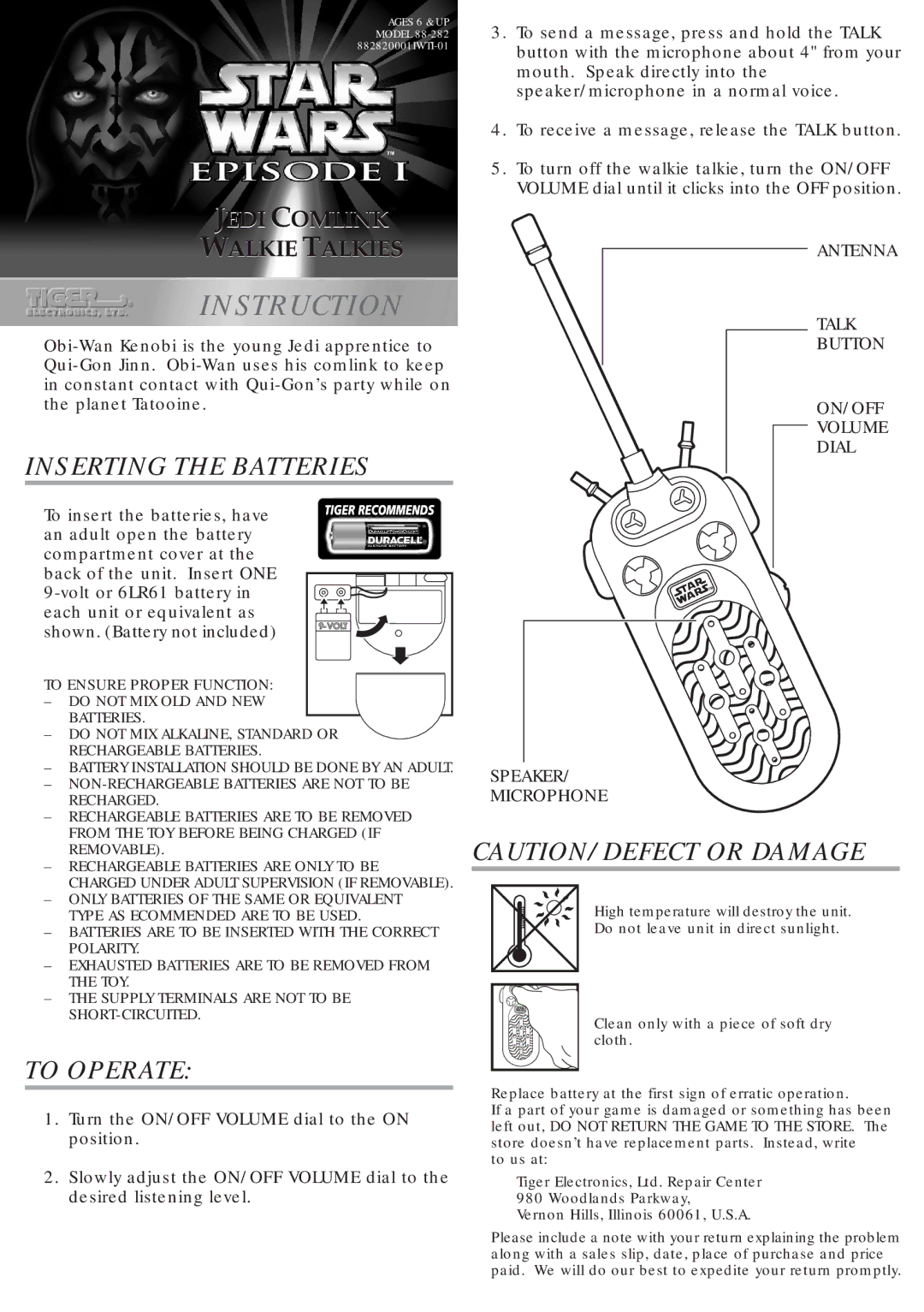 Tiger 88-282 manual Instruction, Inserting the Batteries, To Operate 