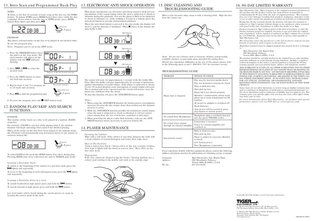 Tiger 88-308 warranty Disc Cleaning, DAY Limited Warranty, Random PLAY/SKIP and Search Functions, Player Maintenance 