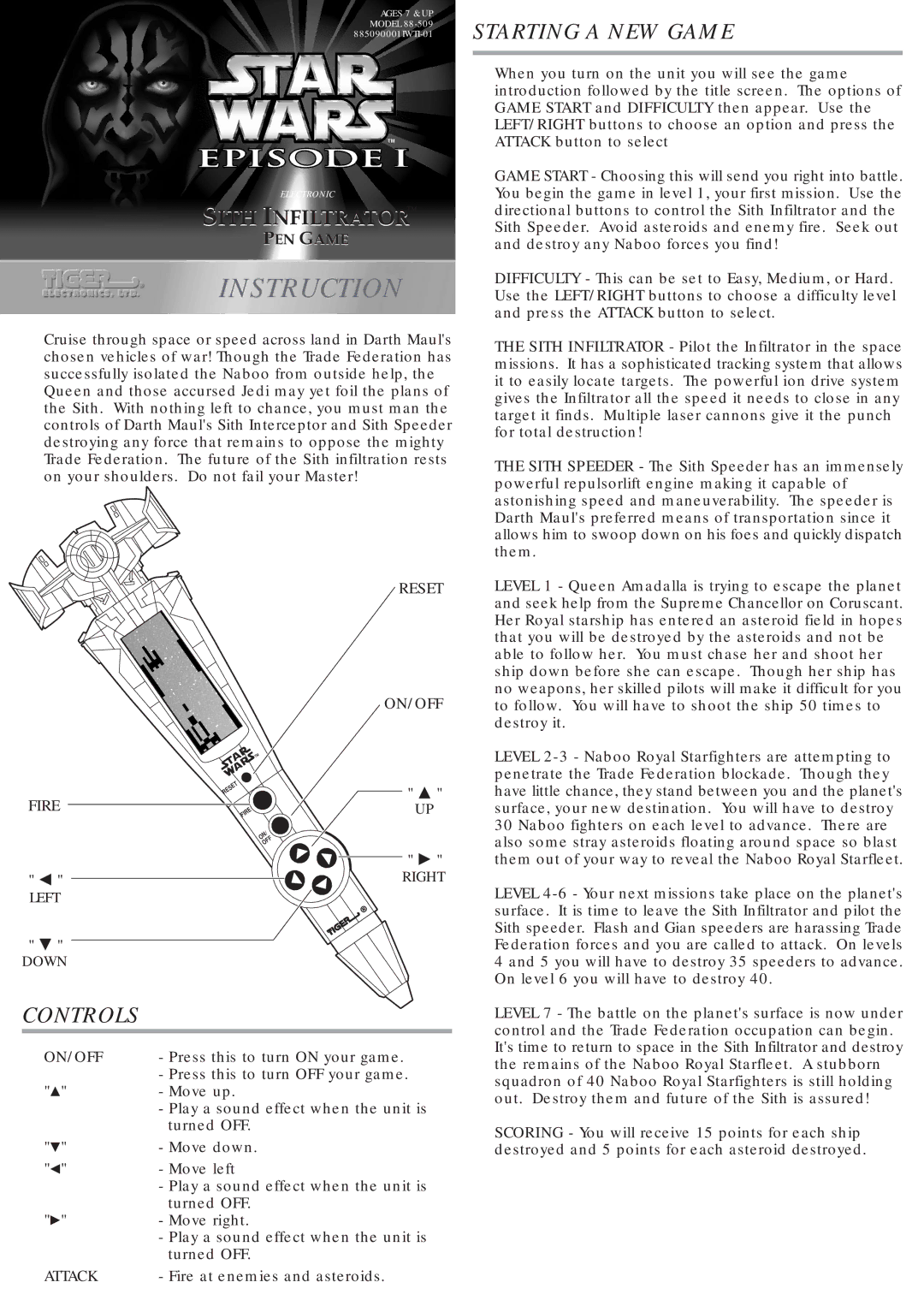 Tiger 88-509 manual Controls, Starting a NEW Game 