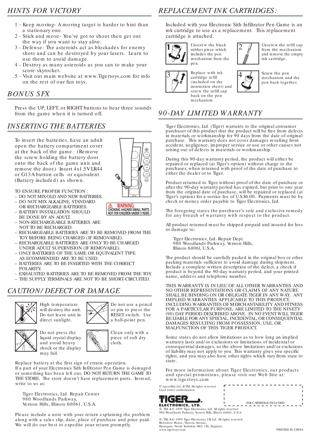 Tiger 88-509 manual Hints for Victory, Replacement INK Cartridges, Bonus SFX, Inserting the Batteries, DAY Limited Warranty 