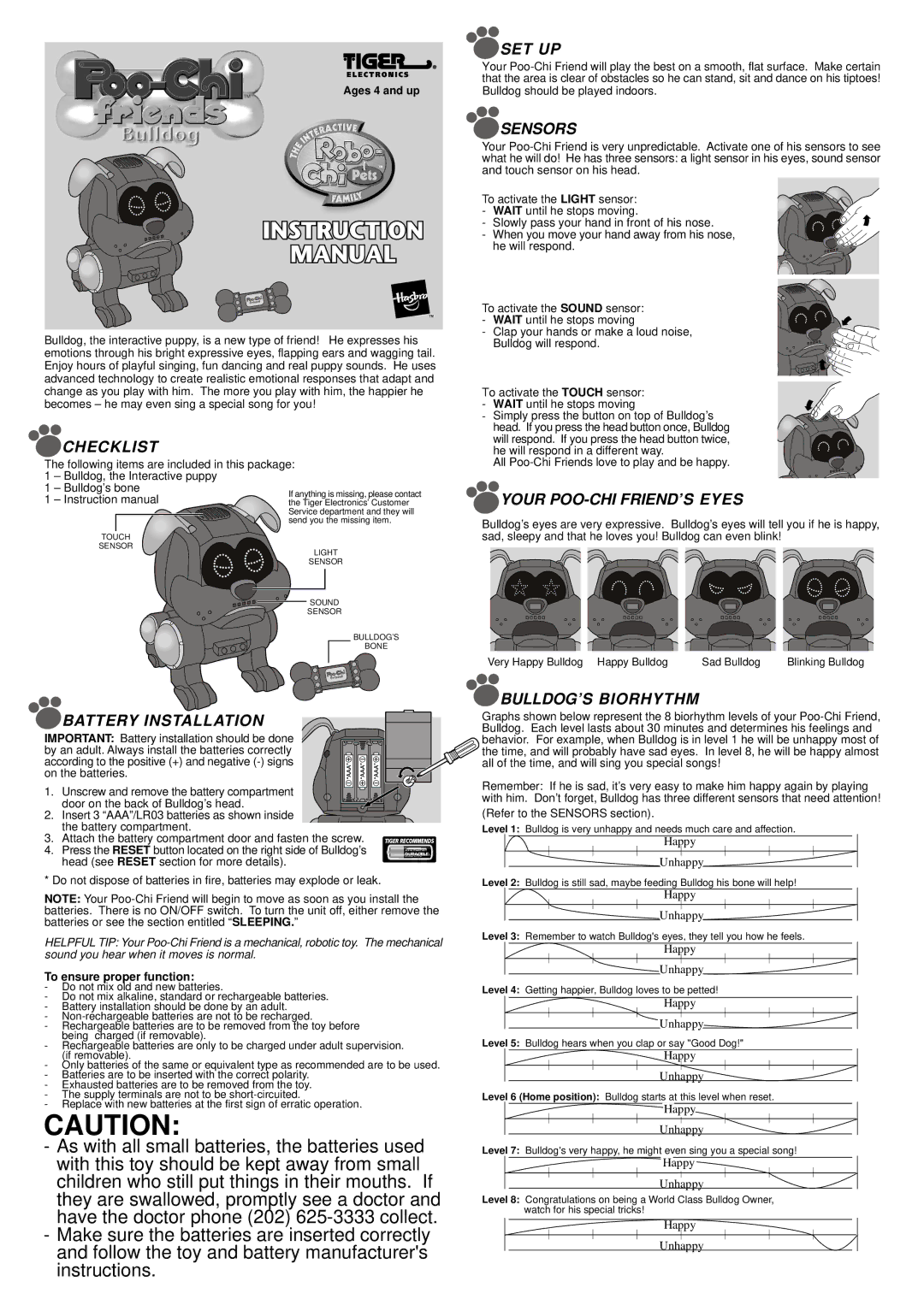 Tiger Bulldog instruction manual Checklist, Battery Installation, Set Up, Sensors, Your POO-CHI FRIEND’S Eyes 