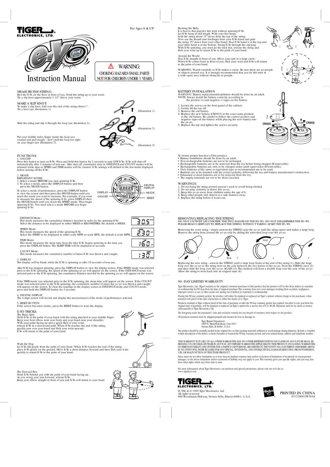 Tiger E-Yo instruction manual Instruction Manual, Printed In China, Measure The String, Battery Installation, Functions 