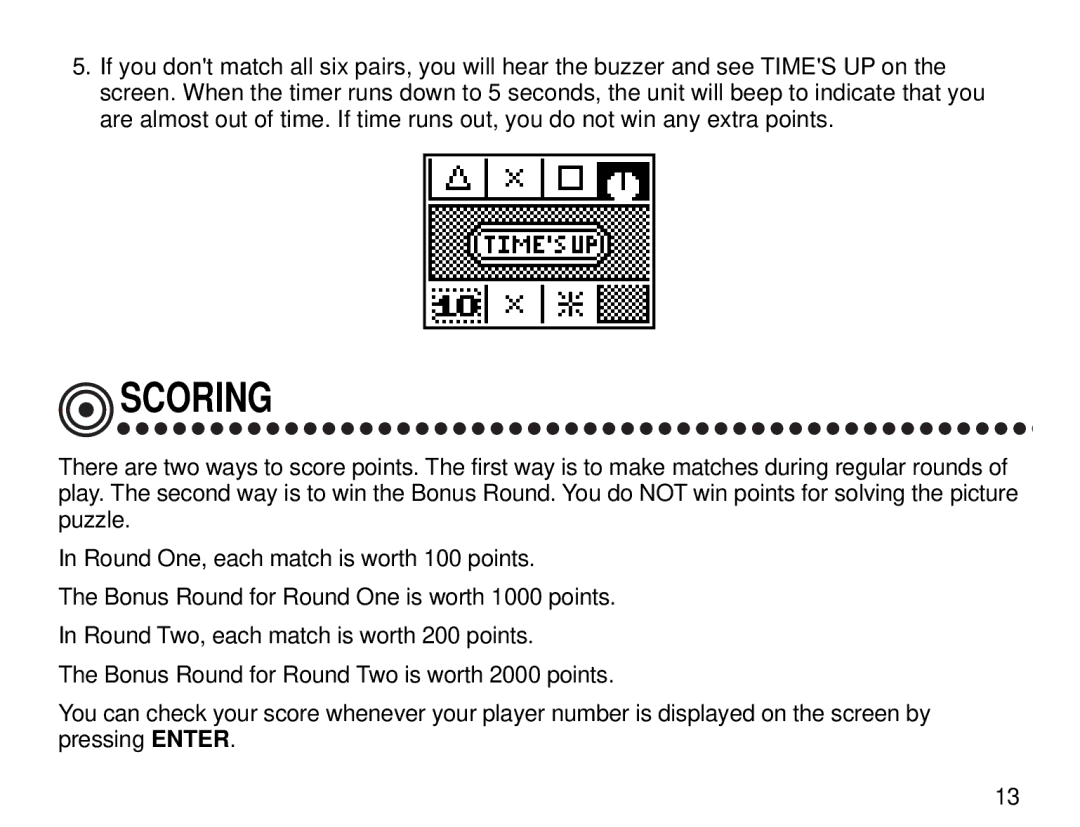 Tiger Electronic Game manual Scoring 