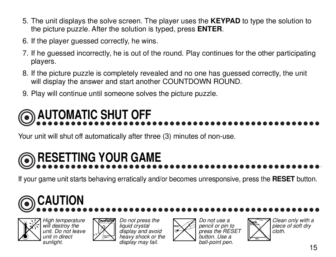 Tiger Electronic Game manual Automatic Shut OFF, Resetting Your Game 