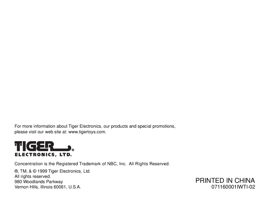 Tiger Electronic Game manual 071160001IWTI-02 