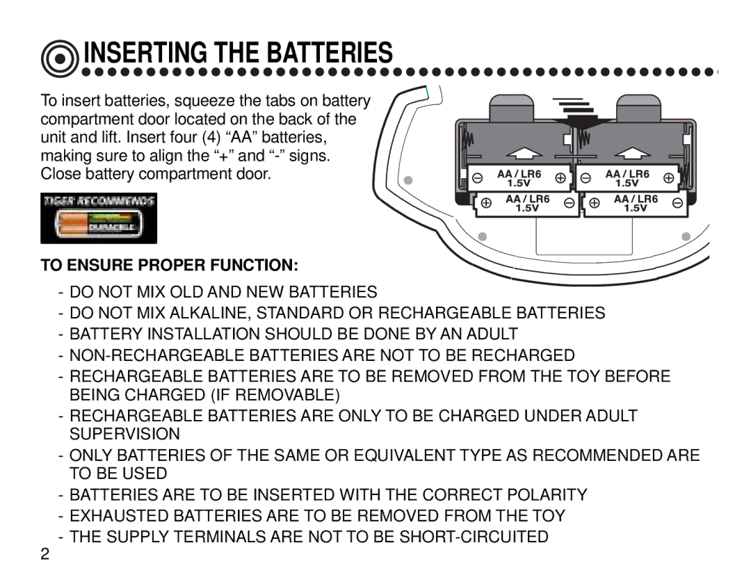 Tiger Electronic Game manual Inserting the Batteries, To Ensure Proper Function 