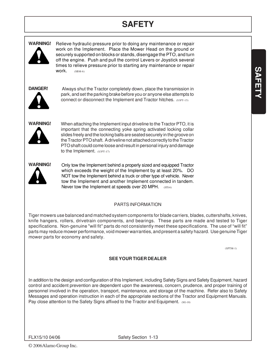 Tiger FLX15, FLX10 manual Safety 