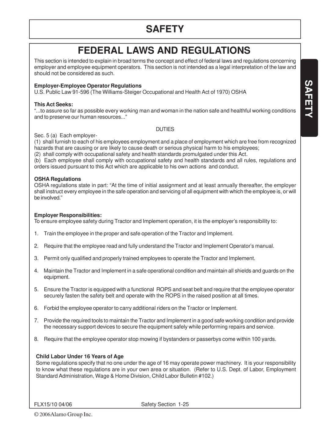 Tiger FLX15, FLX10 manual Safety Federal Laws and Regulations 