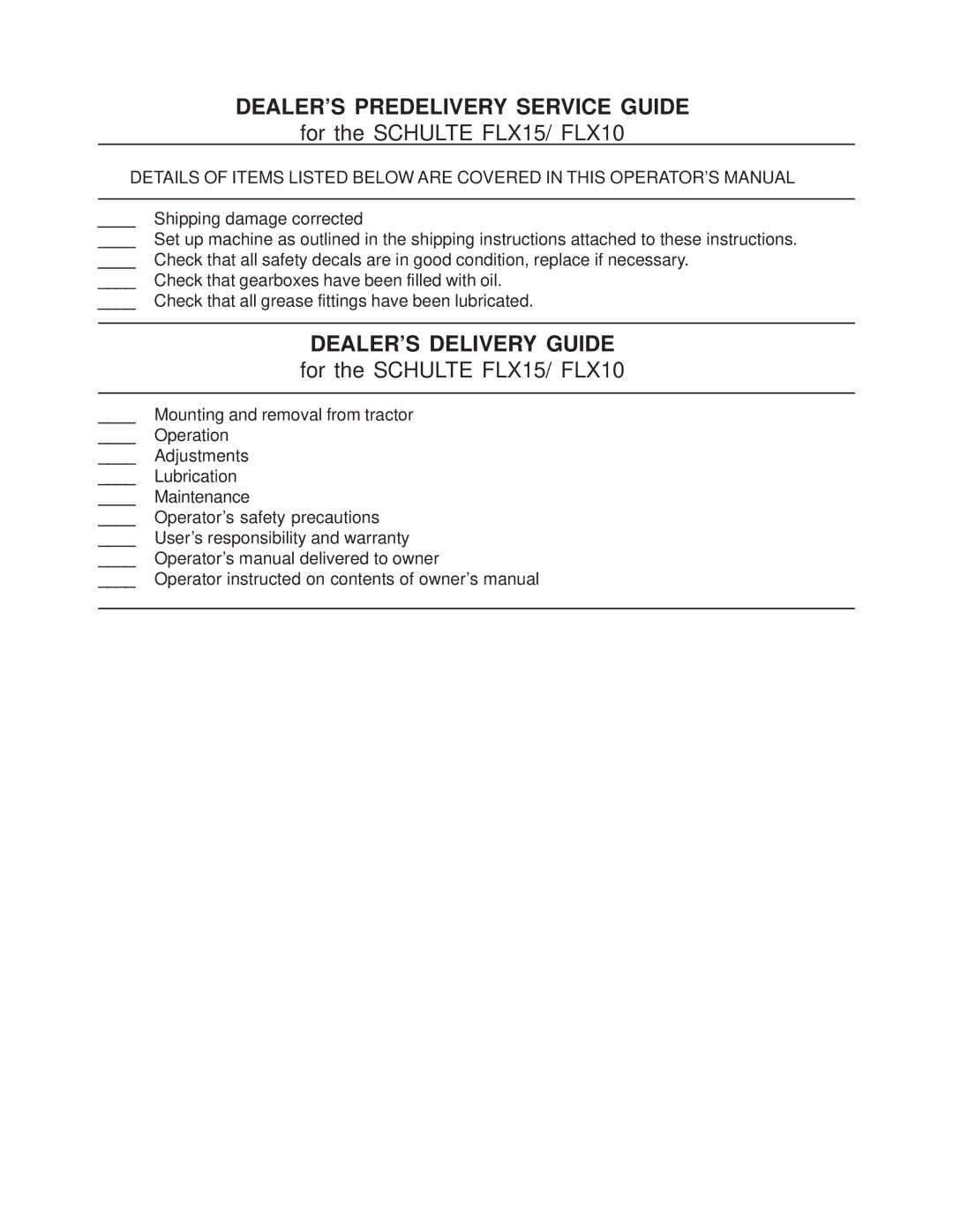 Tiger FLX15, FLX10 manual DEALER’S Predelivery Service Guide 