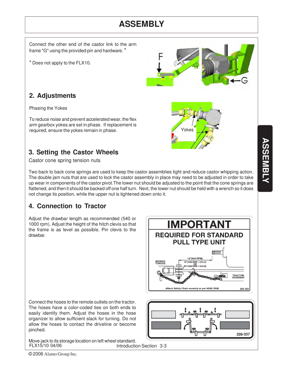 Tiger FLX15, FLX10 manual Adjustments, Setting the Castor Wheels, Connection to Tractor 