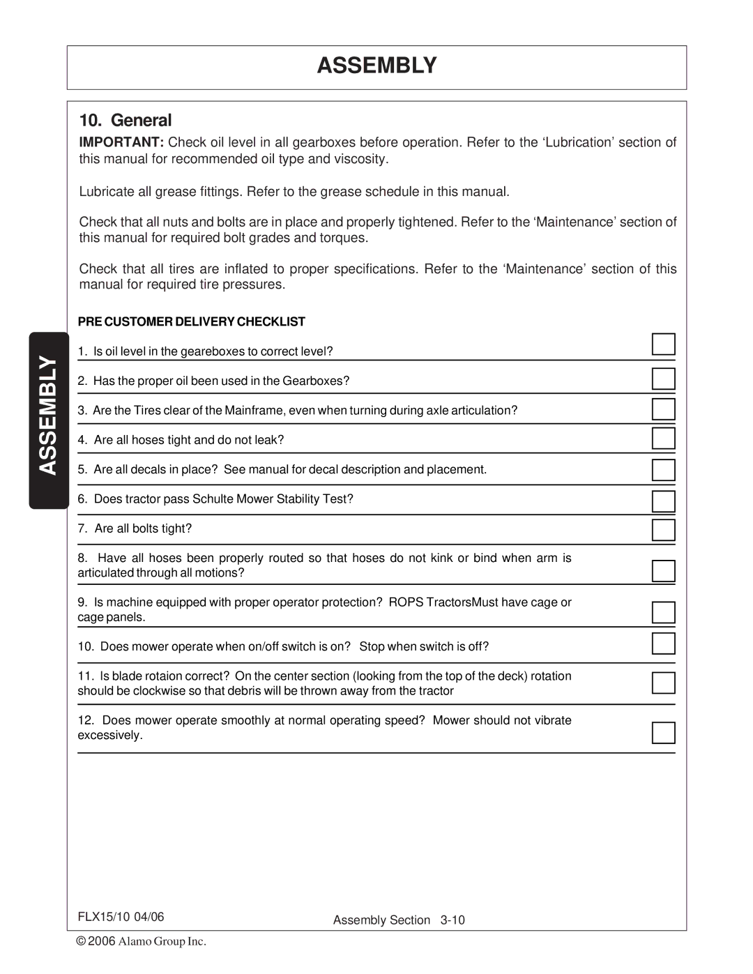 Tiger FLX10, FLX15 manual General, PRE Customer Delivery Checklist 