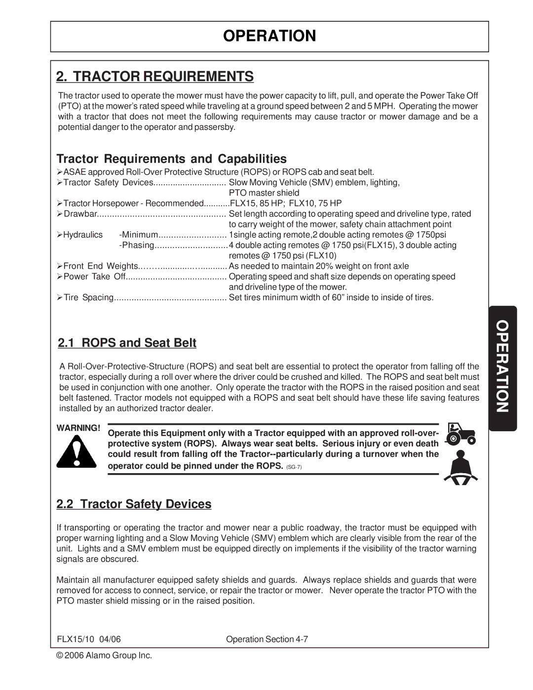 Tiger FLX15, FLX10 manual Tractor Requirements and Capabilities, Rops and Seat Belt, Tractor Safety Devices 