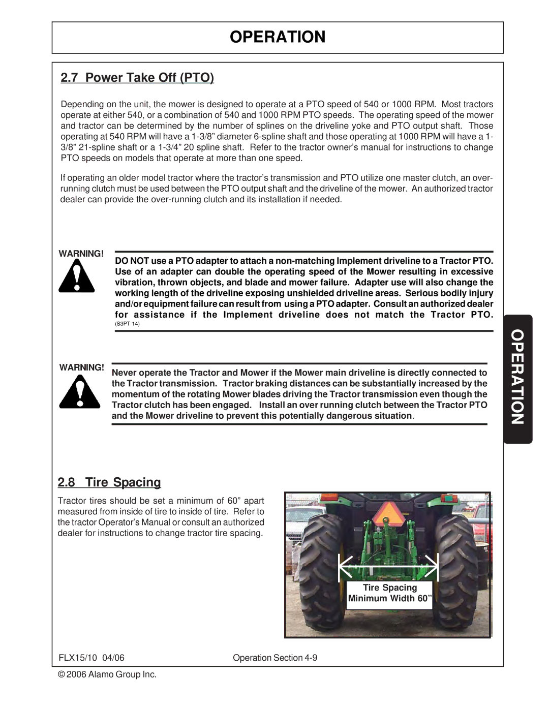 Tiger FLX15, FLX10 manual Power Take Off PTO, Tire Spacing 