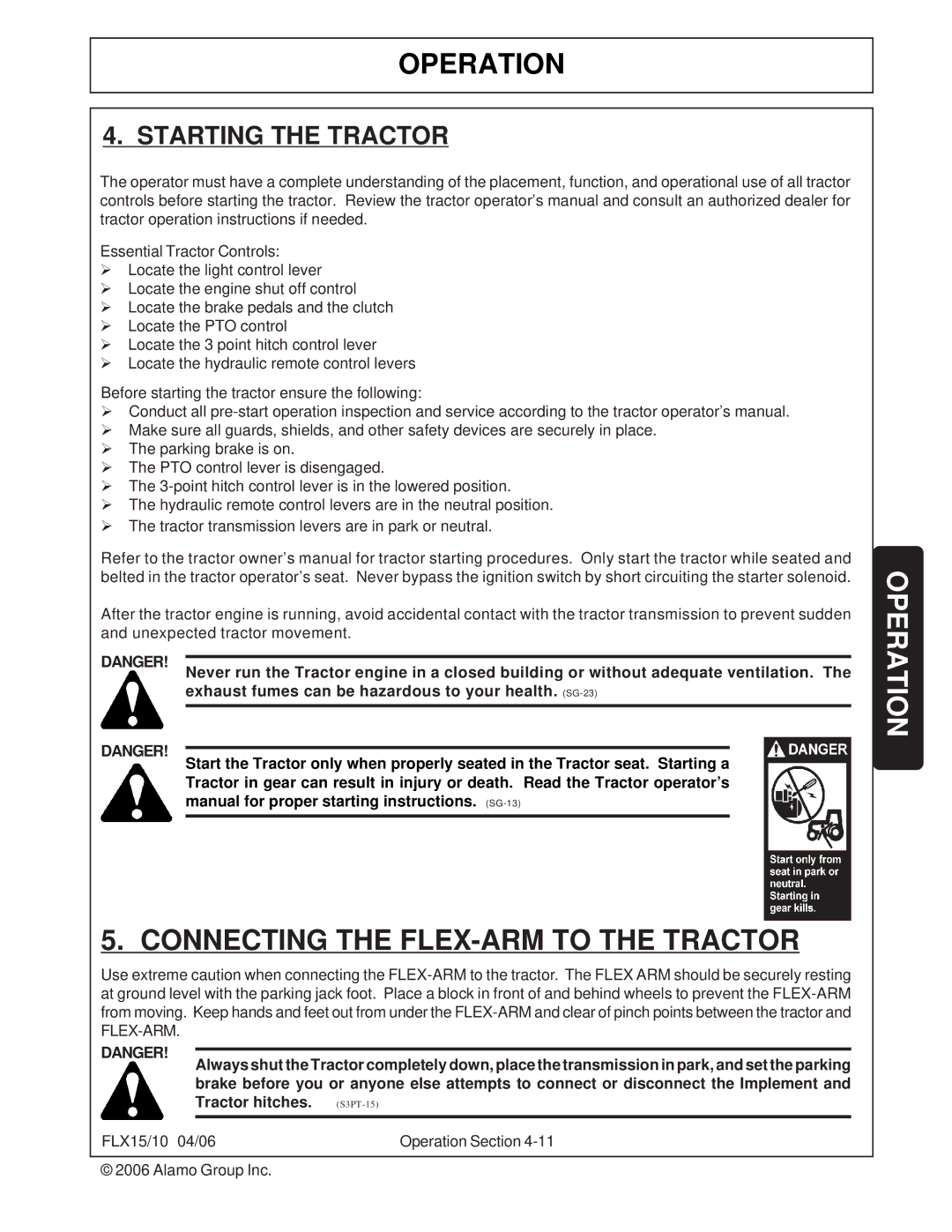 Tiger FLX15, FLX10 manual Connecting the FLEX-ARM to the Tractor, Starting the Tractor 
