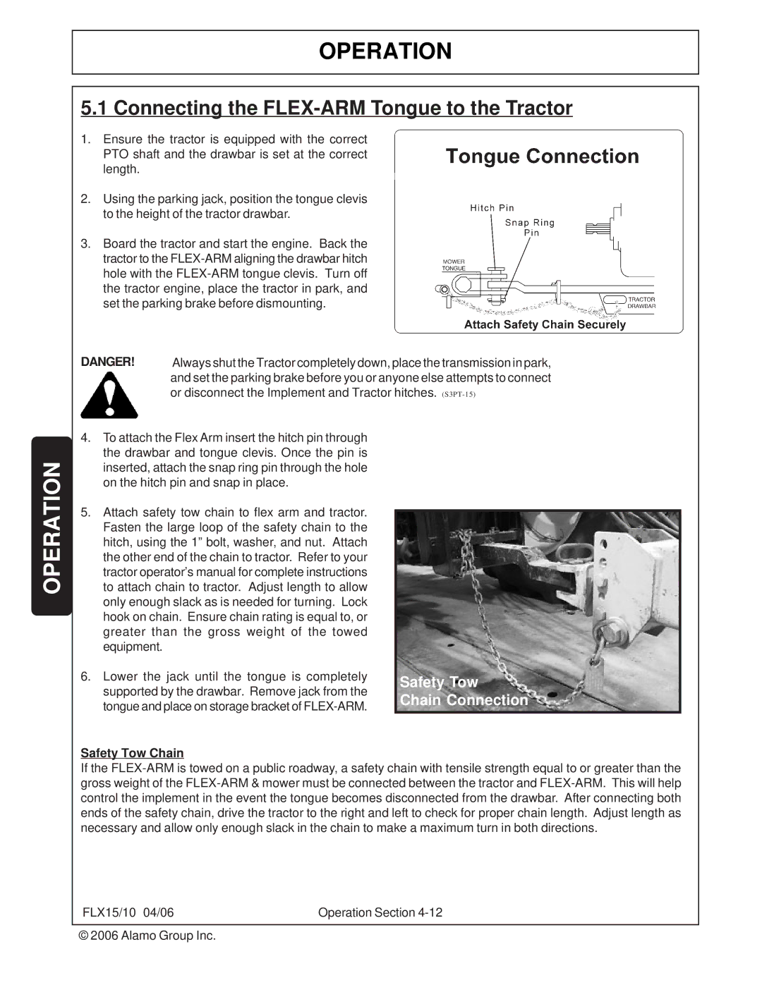 Tiger FLX10, FLX15 manual Connecting the FLEX-ARM Tongue to the Tractor 