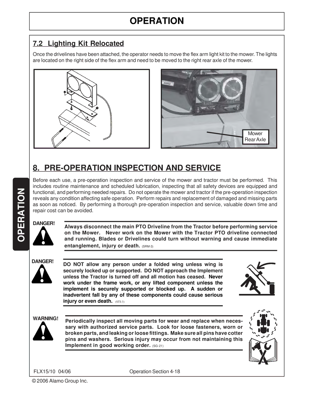 Tiger FLX10, FLX15 manual PRE-OPERATION Inspection and Service, Lighting Kit Relocated 