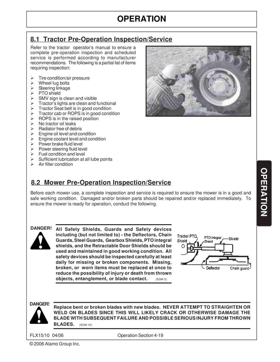 Tiger FLX15, FLX10 manual Tractor Pre-Operation Inspection/Service, Mower Pre-Operation Inspection/Service 