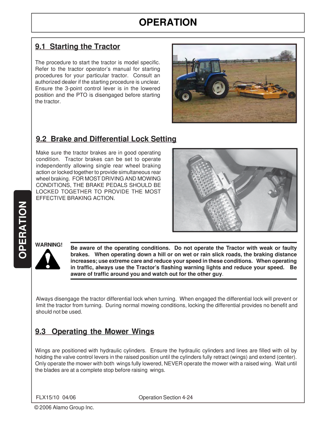 Tiger FLX10, FLX15 manual Starting the Tractor, Brake and Differential Lock Setting, Operating the Mower Wings 