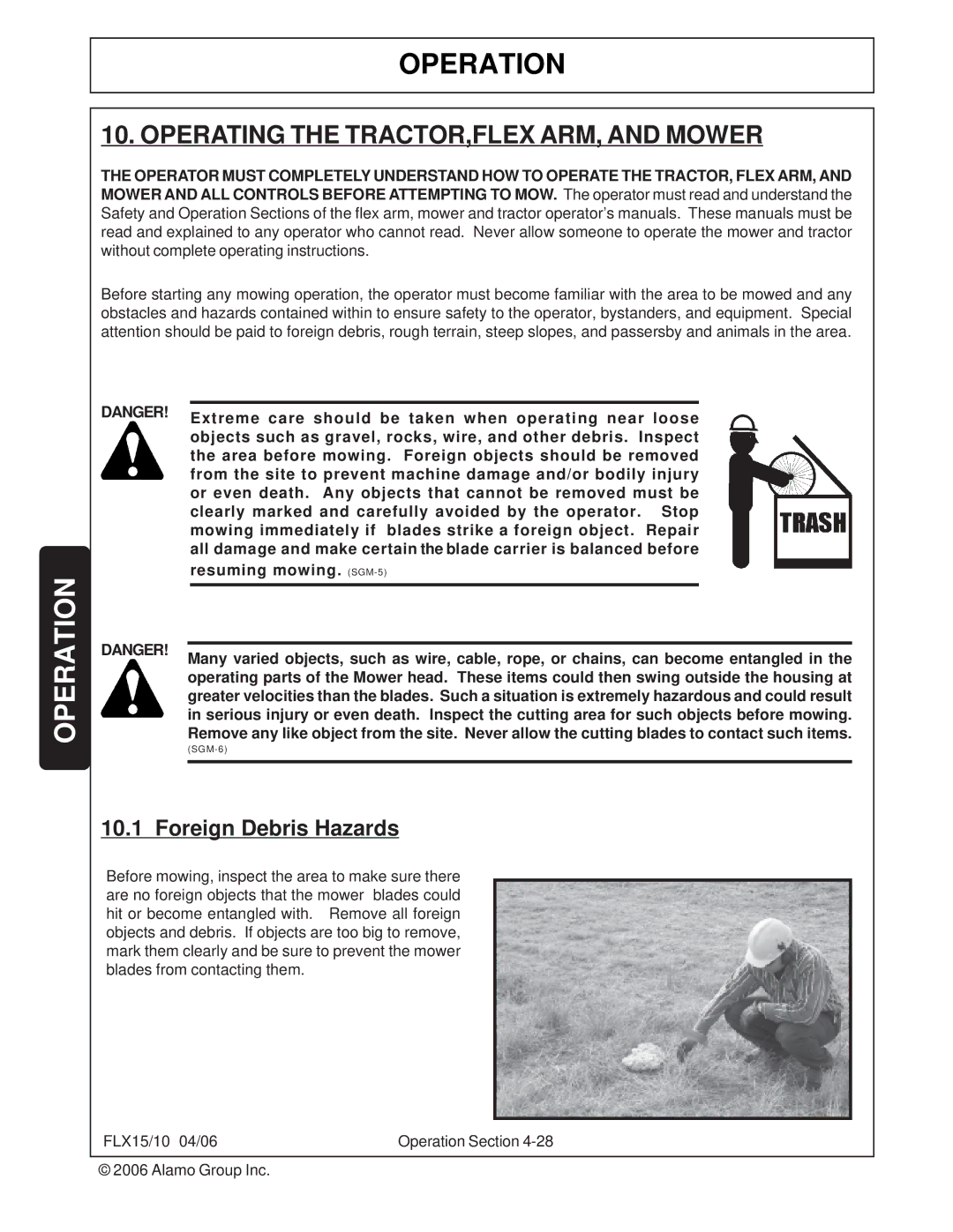 Tiger FLX10, FLX15 manual Operating the TRACTOR,FLEX ARM, and Mower, Foreign Debris Hazards 