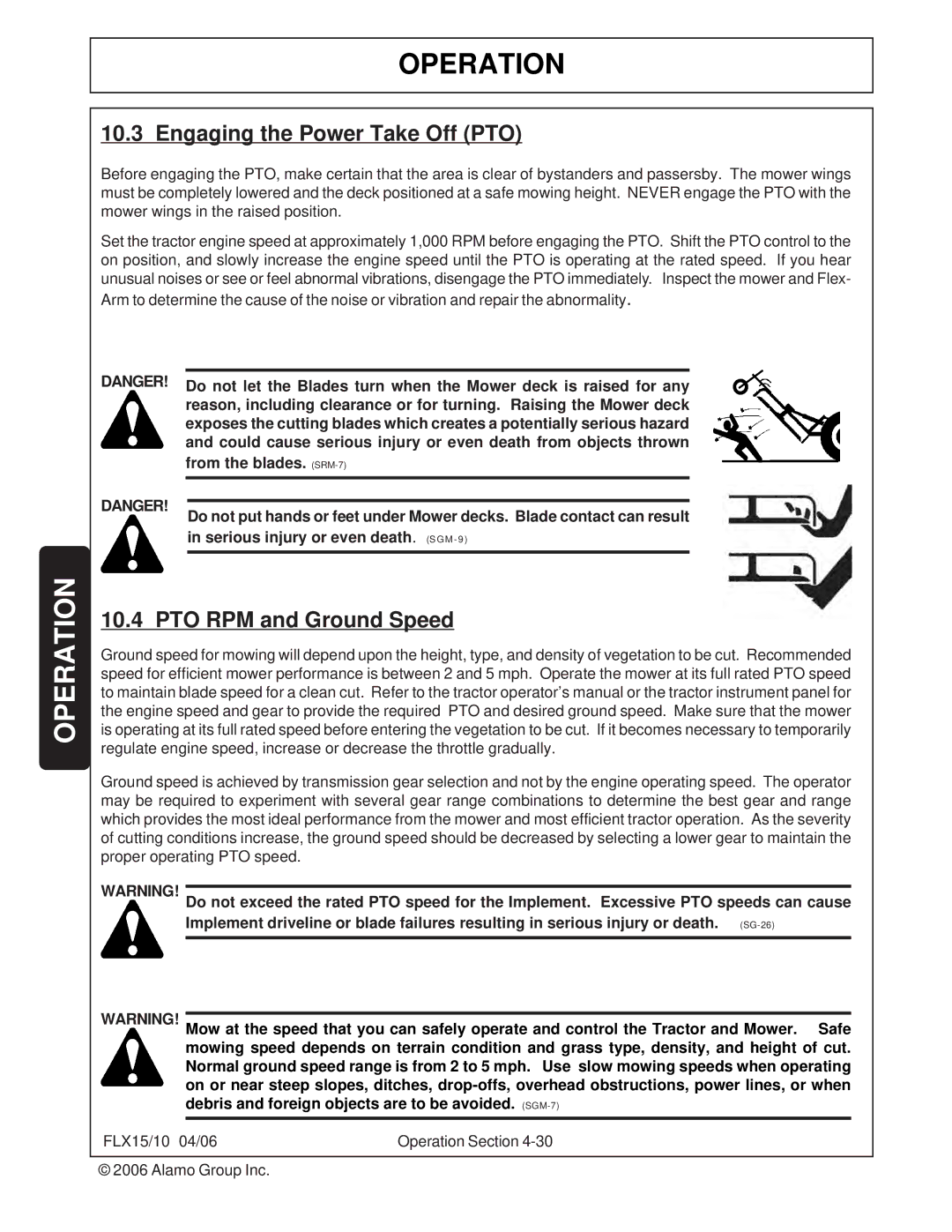 Tiger FLX10, FLX15 manual Engaging the Power Take Off PTO, PTO RPM and Ground Speed 