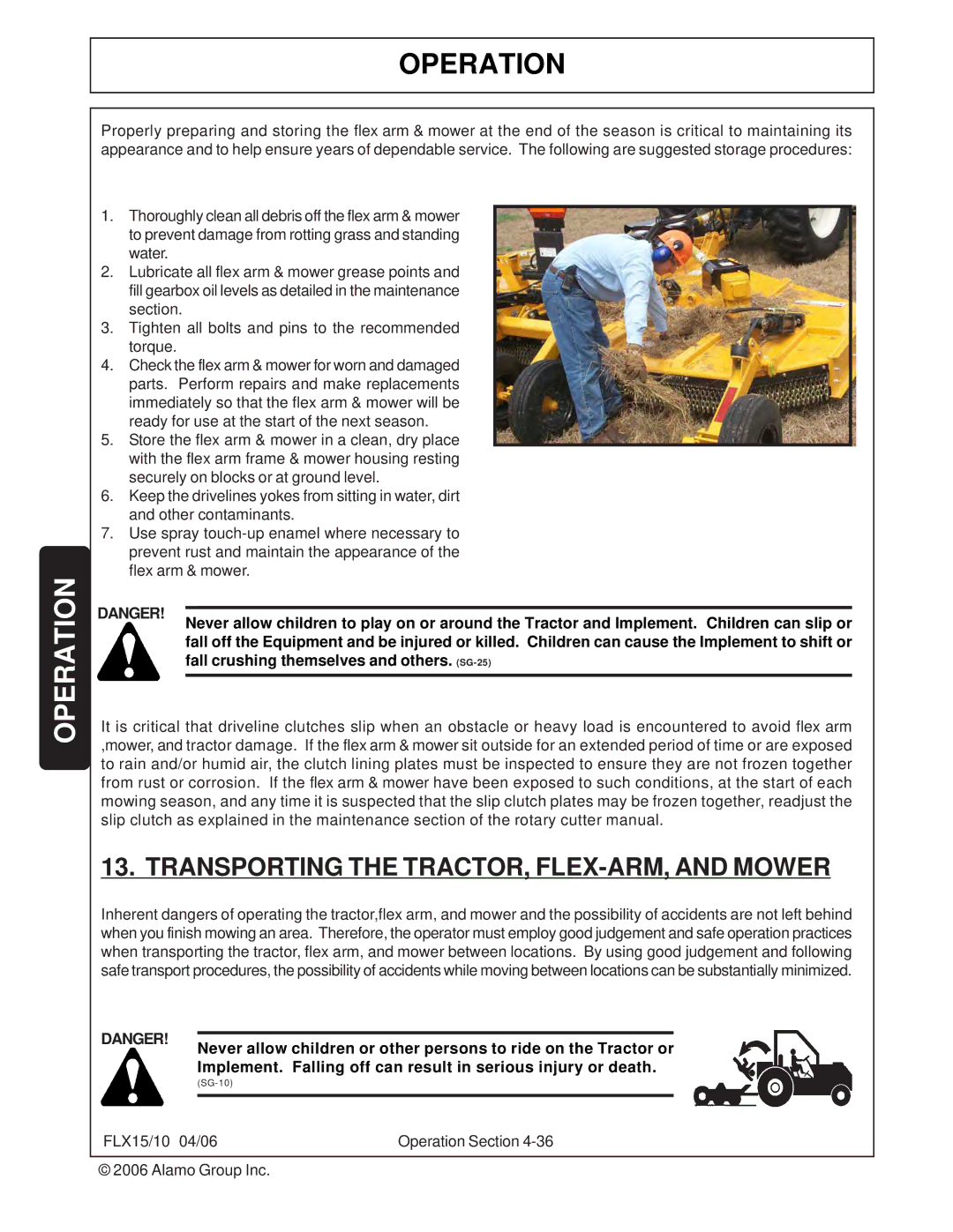 Tiger FLX10, FLX15 manual Transporting the TRACTOR, FLEX-ARM, and Mower 