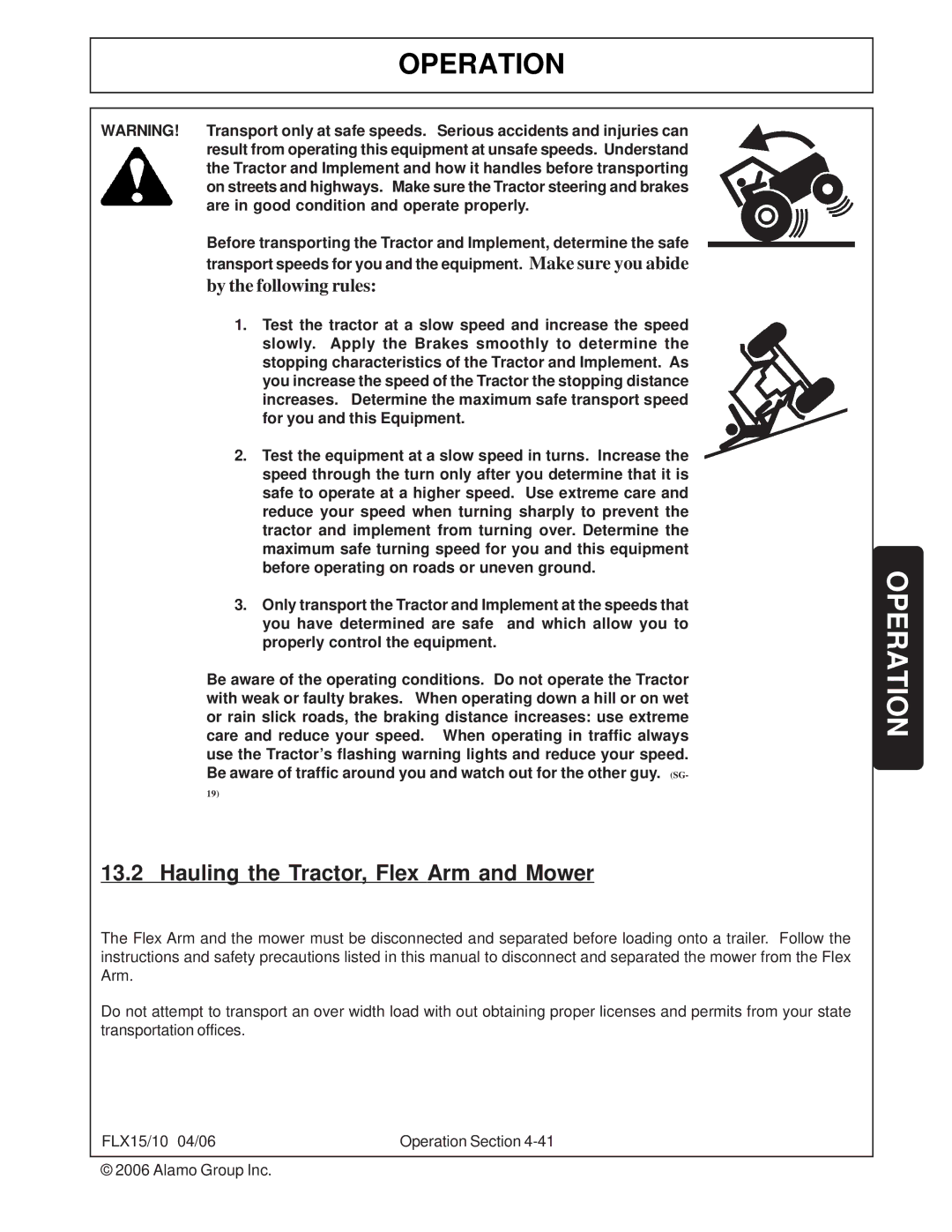 Tiger FLX15, FLX10 manual Hauling the Tractor, Flex Arm and Mower, By the following rules 