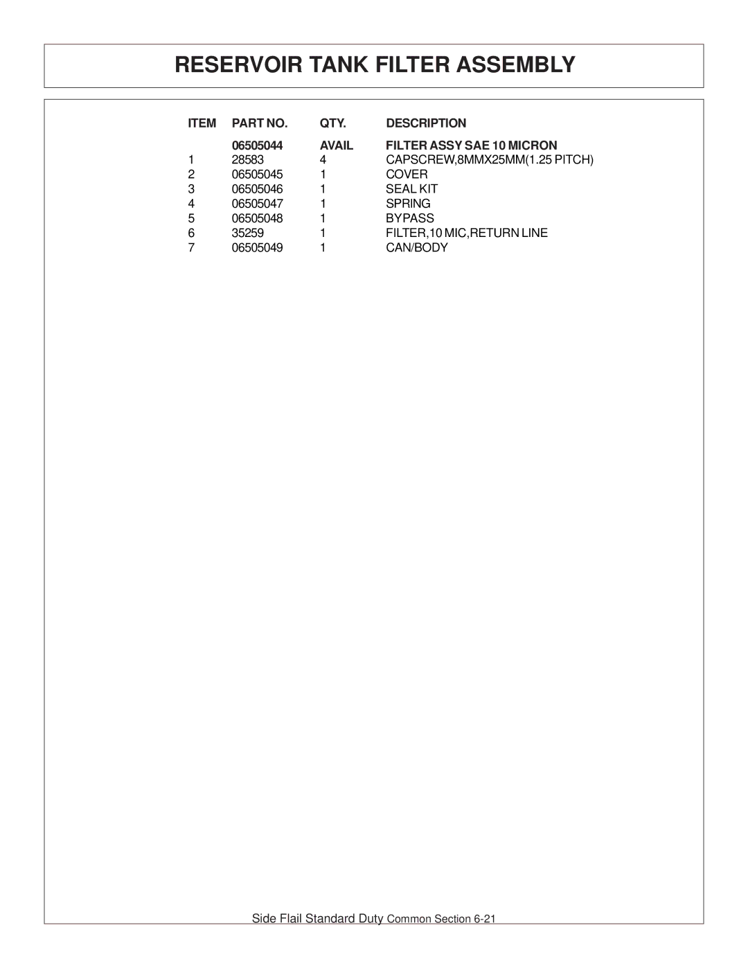 Tiger JD 5093E, JD 5083E, JD 5101E manual Avail Filter Assy SAE 10 Micron 