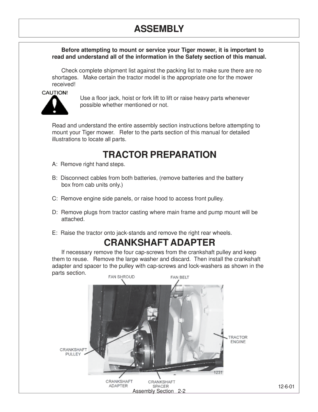 Tiger JD 5093E, JD 5083E, JD 5101E manual Assembly, Tractor Preparation, Crankshaft Adapter 